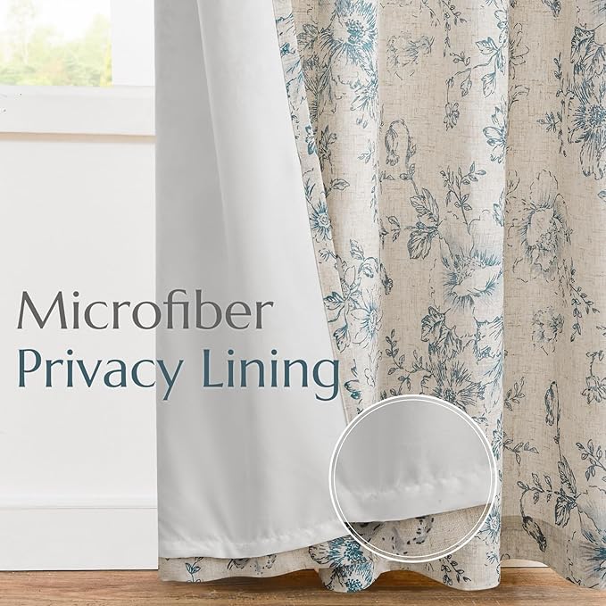 jinchan Lined Linen Blend Curtain Floral Curtains for Living Room 84 Inches Long Blue Peony Flower Printed Curtain Rod Pocket Back Tab Farmhouse Patterned Drapes Bedroom Window Curtains Set 2 Panels