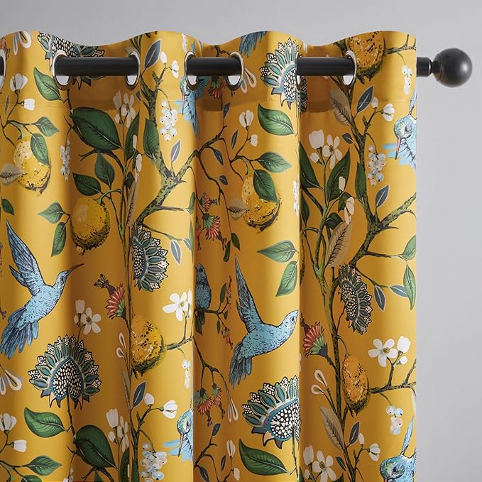 Topfinel Mustard Yellow Blackout Valances Curtains 18 Inches Long Farmhouse Leaf Hummingbird Lemon Tree Printed Grommet Toppers for Kitchen Bathroom, Thermal Insulated Grommet Short Window Set of 2