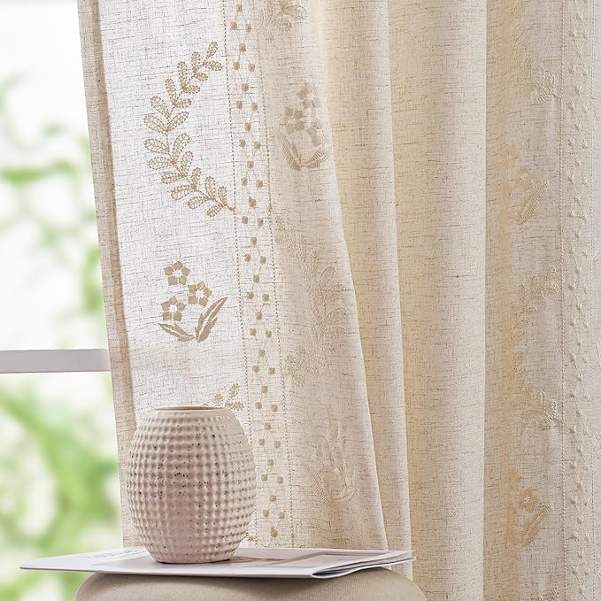 jinchan Belrose Linen Curtains for Bedroom Floral Curtains 72 Inch Length Linen Blend Ivory Embroidered Drapes Farmhouse Flower Patterned Drapes for Living Room Window Treatments Set 2 Panels