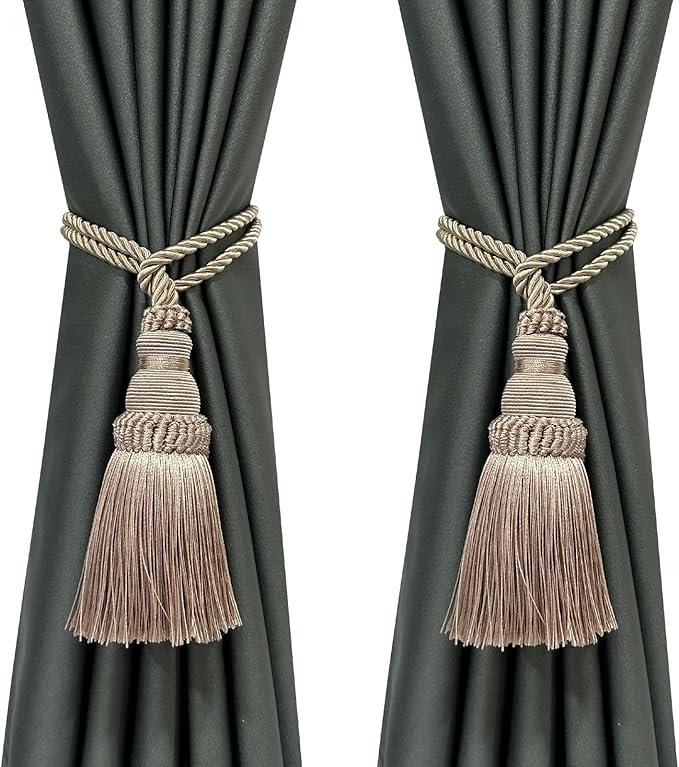 Fenghuangwu 2 Pack Curtain Tie Backs Rope Tassels for Curtains Drape tiebacks Handmade Outdoor Home and Outdoor Decorative (Khaki, 2p)