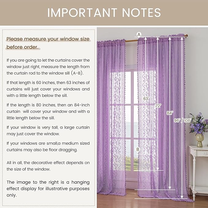 WAZZIO Boho Lace Curtains 84 Inch 2 Panels -Sheer Panel Drape Floral Pattern & Tassel Light Filtering Privacy for Bedroom Dining Living Room,Lilac Girl Women House Decor,Lavender Purple,W52 x 84L