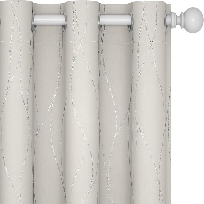 Deconovo Beige Blackout Curtains, Room Darkening Curtain, Thermal Insulated Soundproof Drapes, Silver Wave Dots Print, 38 x 90 Inch, Machine Washable Window Panels for Living Room Bedroom, Set of 2