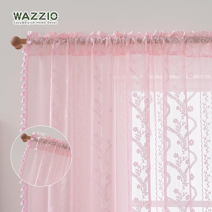 WAZZIO Boho Lace Curtains 84 Inch 2 Panels -Sheer Panel Drape Floral Pattern & Tassel Light Filtering Privacy for Bedroom Dining Living Room,Princess Pink Girl Bedroom Decor,Pale Pink,W52 x 84L