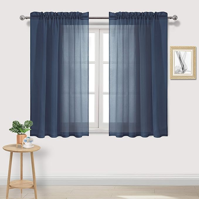 DWCN Navy Blue Sheer Curtains Semi Transparent Voile Rod Pocket Curtains for Bedroom and Living Room, 52 x 54 inches Long, Set of 2 Panels