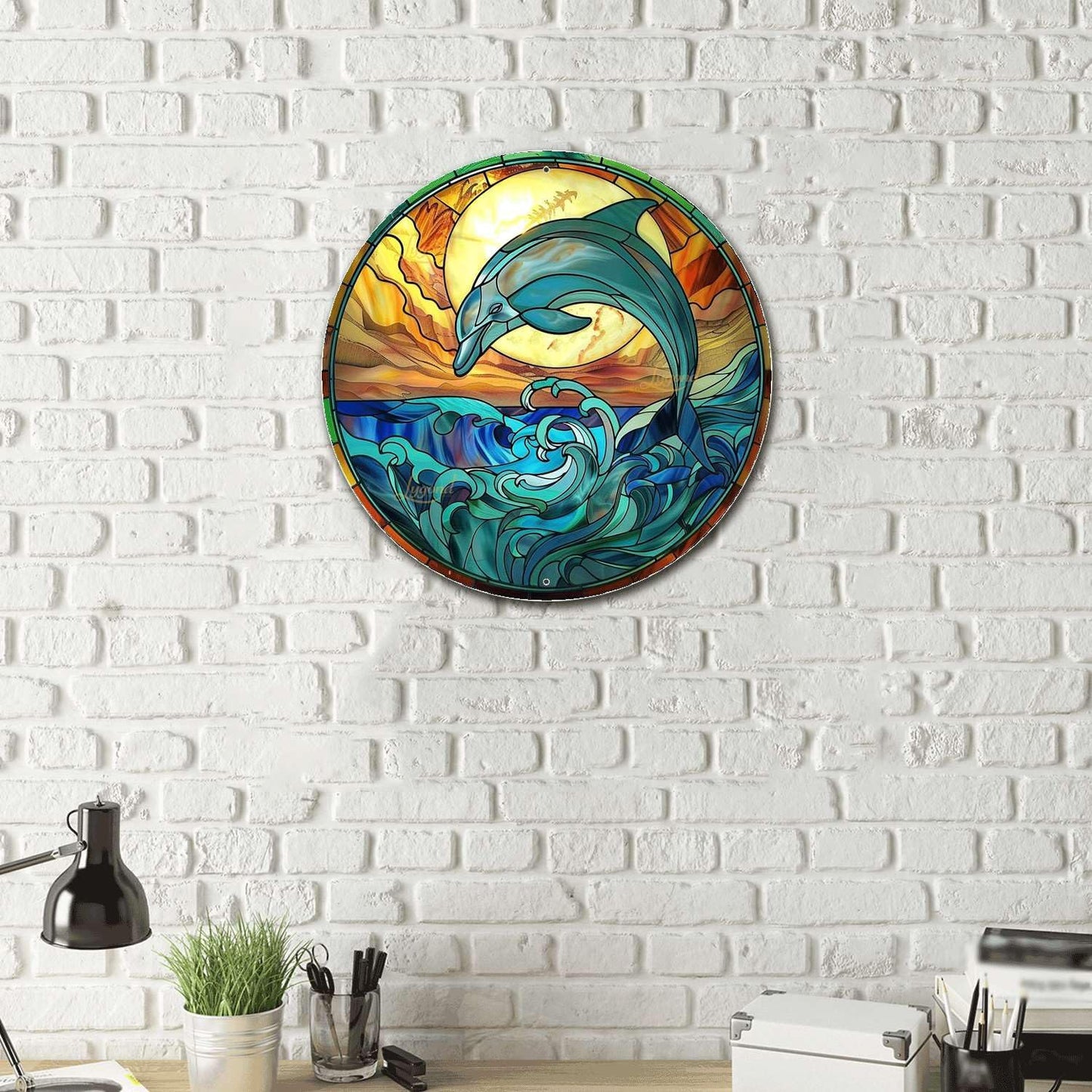 Lygond Metal Sign Tin Sign Circular Stained Glass Dolphin Funny Gardening Gift for Gift 8×8 Inches