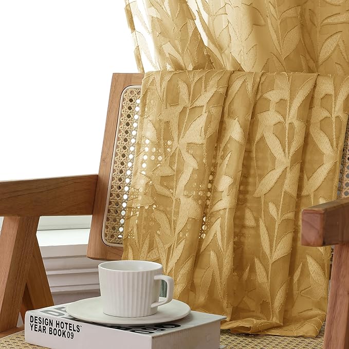 Lecloud Leia Dark Gold Sheer Kitchen Curtains 24 Inch Length 2 Pcs, Jacquard Textured Leaf Voile Short Curtains with Dual Rod Pocket, Farmhouse Bedroom Living Room Tiers, 40 W x 24 L