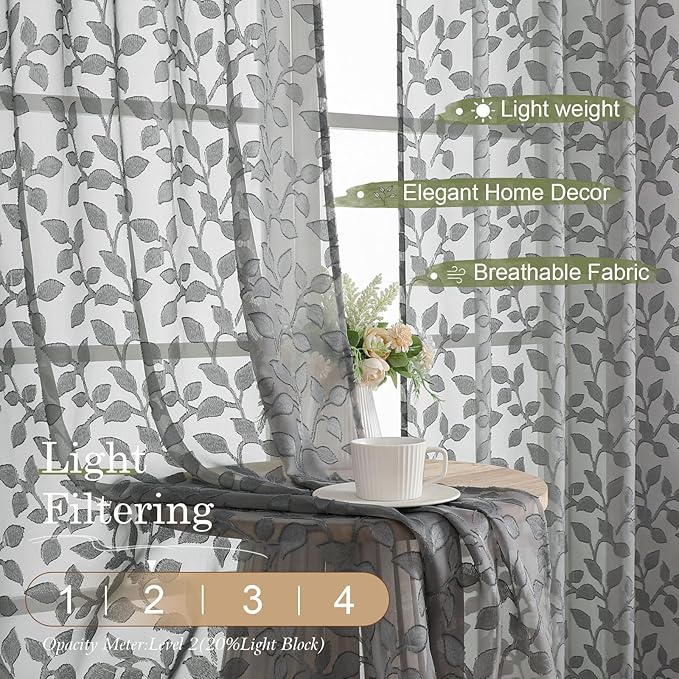 Chyhomenyc Charcoal Grey Sheer Curtains 36 Inch Length, Light Filtering Leaf Tufted Textured Small Kitchen Curtain Over Sink, Short Half Window Curtains for Bathroom Basement, 30" Wx36 L, 2 Panels
