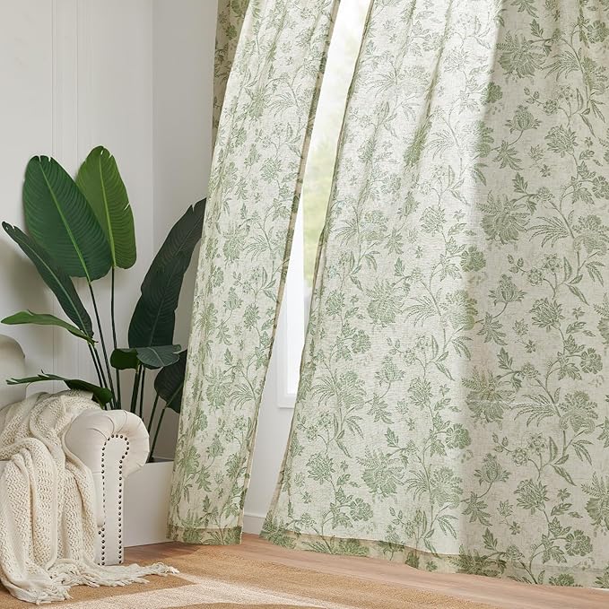 jinchan Linen Floral Curtains for Living Room with Printed Flower 84 Inches Long Light Filtering French Country Back Tab Rod Pocket Sage Green Window Curtain Set Farmhouse Drapes 2 Panels