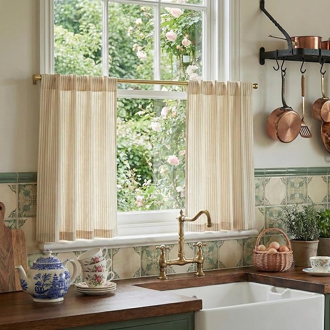 RYB HOME Yellow Kitchen Curtains 24 inch Length, Linen Farmhouse Striped Tier Cafe Curtains for Living Room Bathroom Tickingstripe Small Window Rustic Pinstripe Valances, W26 x L24, 2 Panels
