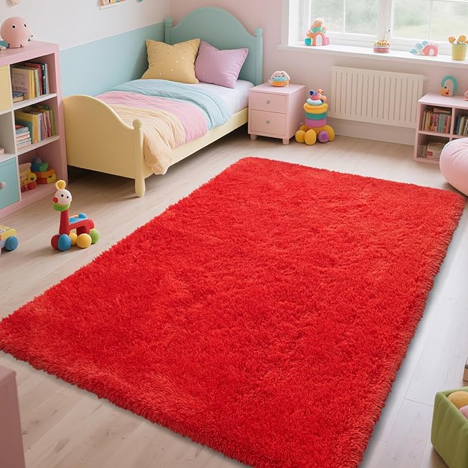 Red Shag Area Rugs for Bedroom Living Room,Ultra Soft Fluffy Christmas Area Rugs 9x12 for Dorm,Indoor Carpet Nursery Rugs for Kids Girls Room Home Decor (Red, 9X12 Feet)