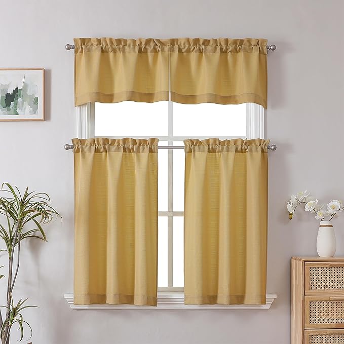 Chyhomenyc Gold Valance for Windows, Light Filtering Faux Linen Solid Short Curtain Valance, Burlap Decorative Small Curtain for Kitchen Bathroom Laundry Basement, 60Wx12L inch, 1 Piece