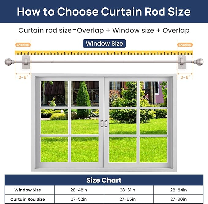 ENJOYBASICS No Drill Curtain Rods for Window 28 to 60 Inches, 5/8 Inch Diameter Renter Friendly Drapery Rod with Adhesive Brackets without Drilling, Adjustable from 27 to 65 Inches, Nickel