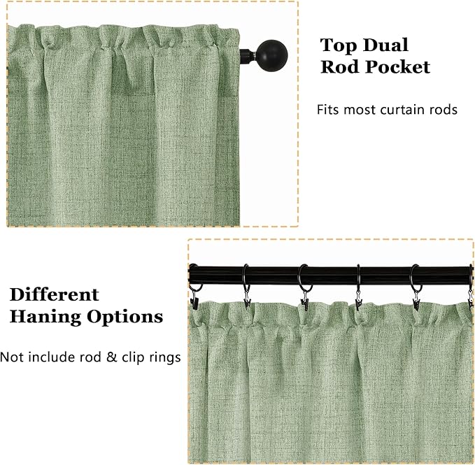 OWENIE Light Green Valances for Windows 1 Pcs, Light Filtering Textured Farmhouse Short Small Valance Curtains for Bathroom Basement Living Room Bedroom, Rod Pocket Half Curtains Over Sink, 52"Wx14"L