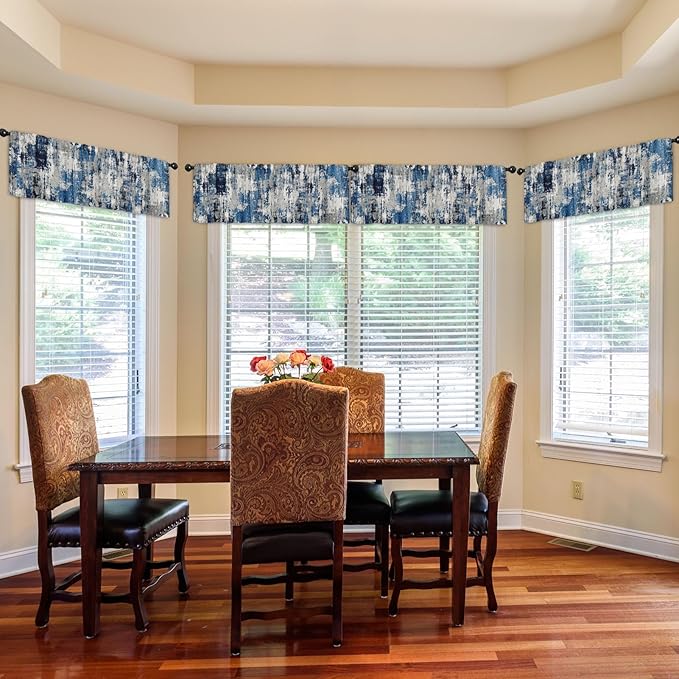 Emvency 4 Pack Valances Window Treatments, Abstract Modern Blue Grey Rustic Navy Drapes Adjustable Curtain for Windows Living Room Kitchen Over Sink, 52x18 Inch Rod Pocket Valances