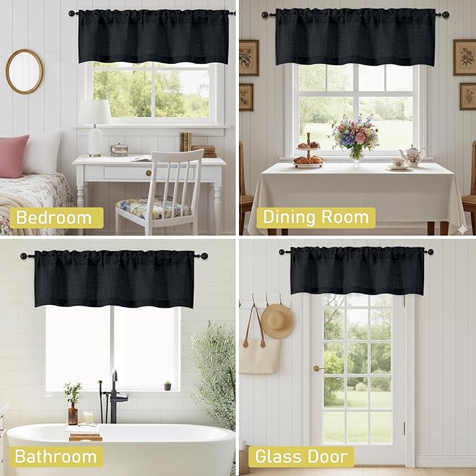 Valances for Windows, Light Filtering Faux Linen Textured Small Short Window Curtain for Bathroom Basement Farmhouse, Rod Pocket Top Half Curtains for Windows, Black 52Wx18L Inch