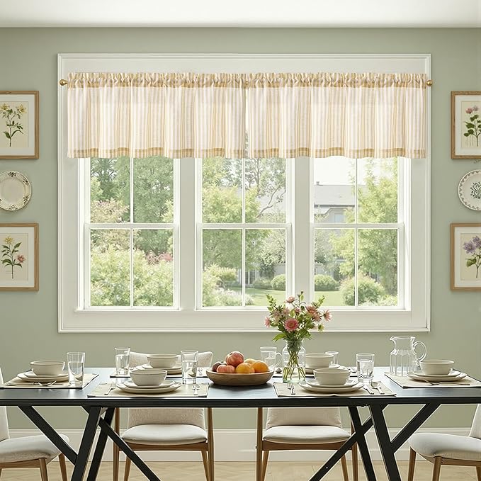 jinchan Linen Stripe Valance for Window 16 Inch Modern Rustic Farmhouse Valance for Kitchen Living Room Bathroom Window Treatment Light Filtering Rod Pocket 1 Panel Mustard Yellow on Linen