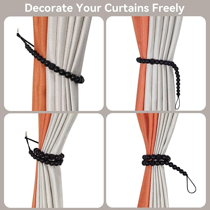 Wood Bead Curtain Tiebacks, KLOGTSIND Set of 2 Curtain Holdbacks for Thin or Thick Window Draperies, Boho Farmhouse Curtain Tiebacks with Hooks, Curtain Tie Backs for Home Office Room Decor