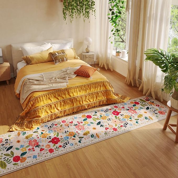 Rugcomf Washable Kitchen Runner 2'7"x12' - Floral Long Hallway Runner Rug Non Slip, Boho Carpet for Entryway, Hall, Bathroom - Beige