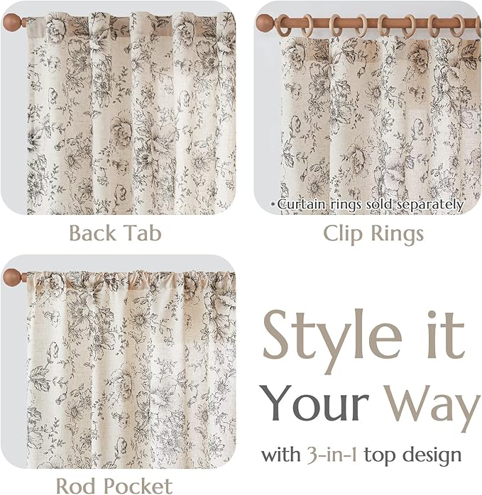 jinchan Linen Floral Curtains 84 Inch Length for Living Room Bedroom Light Filtering Farmhouse Peony Flower Drapes Rustic Window Curtain Set Rod Pocket Back Tab 2 Panels Black