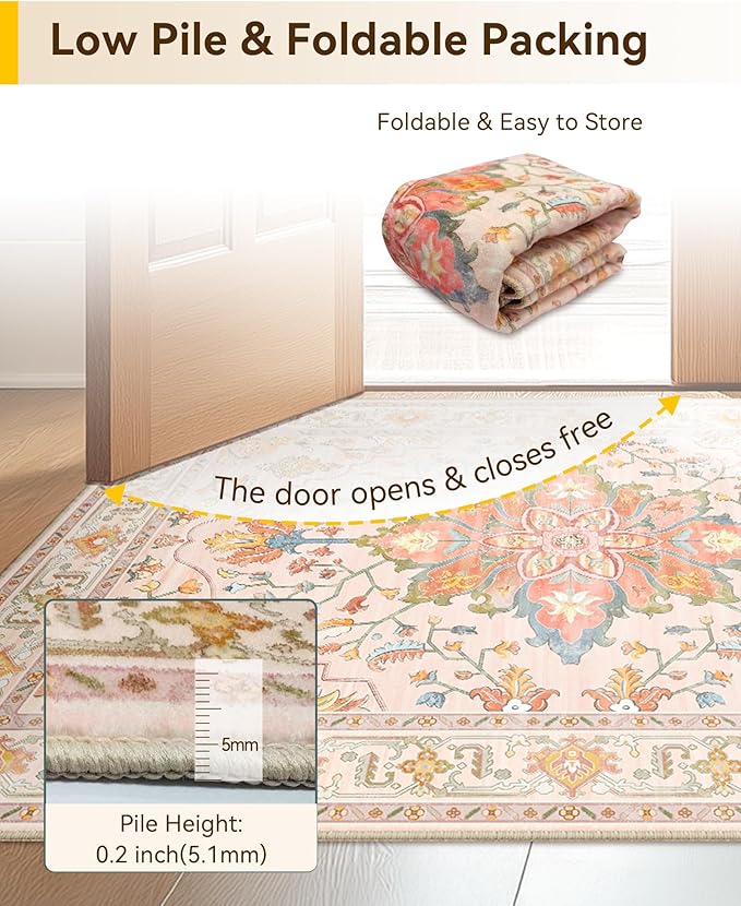 RELEANY Area Rugs 4'x6' Washable Non-Slip, Floral Vintage Distress Print Pattern Medallion Carpet for Living Room Bedroom Dining Room, Light Pink Colorful