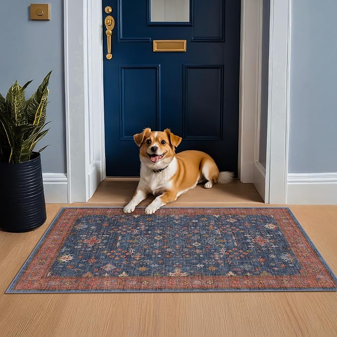 Large 3x5 Kitchen Rug Non Slip Machine Washable, Throw Rugs for Entryway Indoor, Floor Mat, Home Office Under Chair - Stain Resistant Non Skid Rubber Backing, Tribal Farmhouse Décor (3x5 Navy Blue)