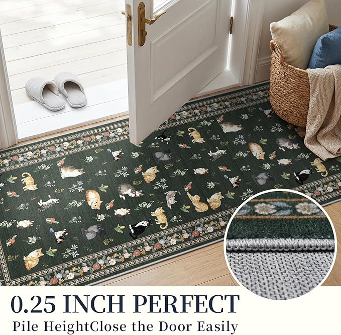 2x5 Washable Kitchen Runner Rug - Soft Low Pile Floral Animal Cat Print Rugs with Non-Slip Backing Waterproof Stain-Resistant Indoor Carpet for Hallway Entryway Bathroom Bedroom (Sage Green)