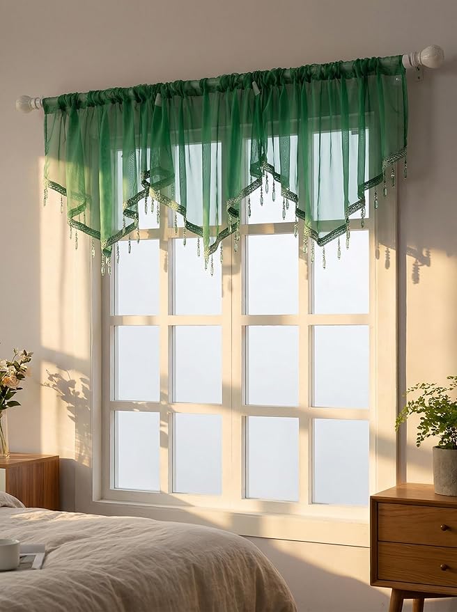 Molaxhome Swag Curtain 51 inch Length Rod Pocket Scalloped Curtain Valance Sheer Lace Panels with Hanging Crystal Beads for Kitchen Bedroom Window Treatments Drape Decor 1pc (DarkGreen, 51Wx23L)