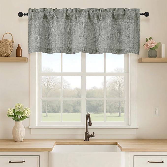 OVZME Valance for Windows, Light Filtering Faux Linen Textured Small Short Valance Kitchen Curtain, Dual Rod Pocket Top Short Window Curtain for Bathroom Basement Farmhouse, 52Wx16L Inch, Dark Grey
