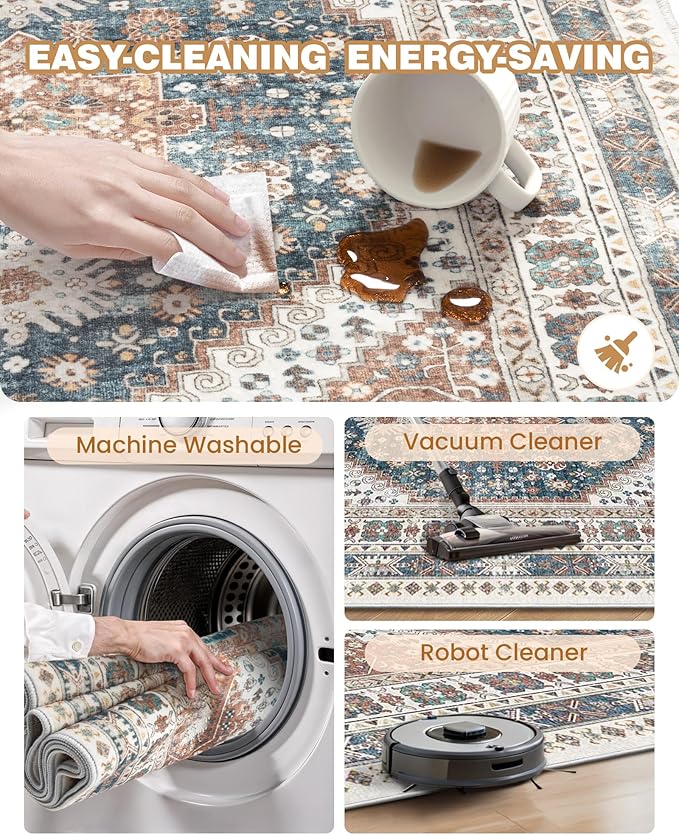 Washable Runner Rug 2.5x16, Non-Slip Long Kitchen Mats for Floor, Vintage Rug for Entryway, Soft Hallway Runner for Dining Room, Bedroom, Living Room(Blue/Red,2.5'x16')