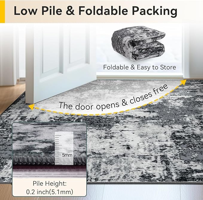 Washable Area Rugs 6'x8' Non-Slip Modern Abstract Soft for Living Room Entryway Bedroom Nursery, Print Pattern, Black Navy Blue Gray