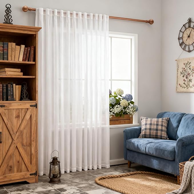 MYSKY HOME Patio White Curtains for Sliding Door, 90 inch Length Living Room Curtains & Drapes Soft Cotton Farmhouse Window Treatments 1 Panel Set Linen Look Semi Sheer Draperies, 100" W x 90" L