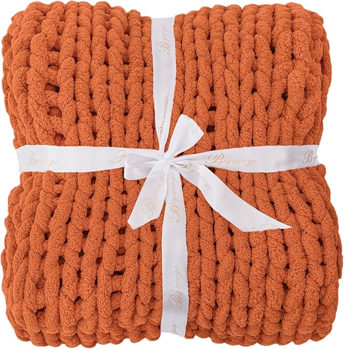 Bigacogo Chunky Knit Throw Blanket for Couch, 40x80 inches, 100% Hand Knitted with Thick Jumbo Chenille Yarn, Cozy Soft Large Rope Knot Cable Crochet Blankets for Sofa Bed Living Room, Terracotta