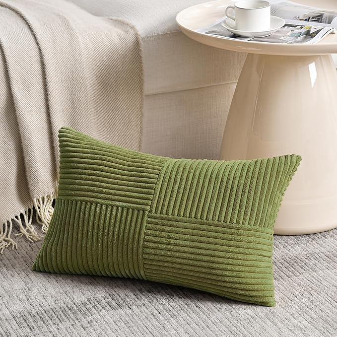 Fancy Homi 2 Packs Moss Green Lumbar Decorative Throw Pillow Covers 14x22 Inch for Living Room Couch Bed, Rustic Farmhouse Boho Home Decor, Soft Striped Corduroy Rectangle Accent Cushion Case 35x55 cm