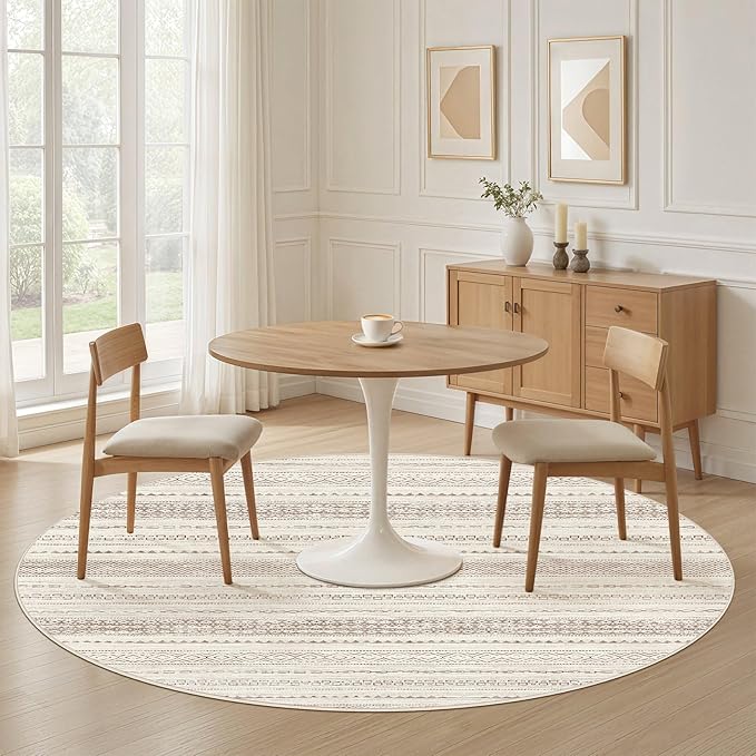 Nakagishi Round Rug Boho Area Rugs: 6x6 Washable Large Circle Neutral Soft Stain Resistant Non-Slip Carpet for Women Aged 25-45 Farmhouse Decor Enthusiasts - Living Room Bedroom Dining Room Nursery