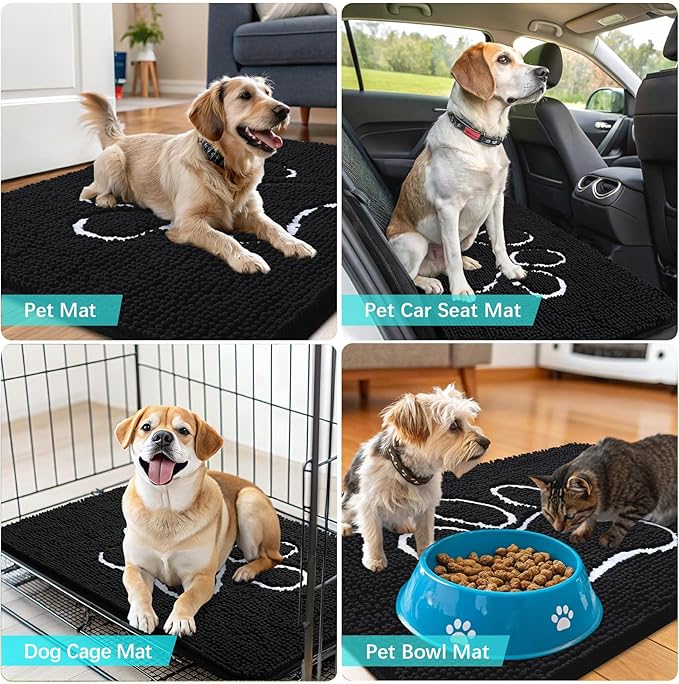 OLANLY Dog Door Mat for Muddy Paws 40x32, Paw Print Design, Absorbs Moisture and Dirt, Absorbent Non-Slip Washable Doormat, Quick Dry Chenille Mud Mat for Dogs, Entry Indoor Entryway Carpet, Black