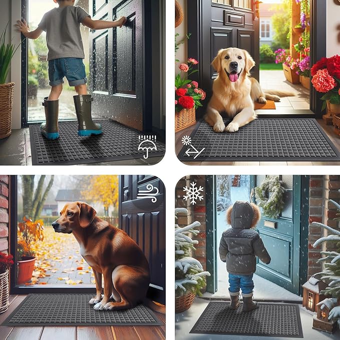 Smiry Front Door Mat Outside Entrance, Heavy Duty Natural Rubber Doormat, Non Slip, Trap Dirt and Moisture, Easy Clean, Low Profile Welcome Floor Mats for Indoor Outdoor Entry, 35x23 Inch, Grey