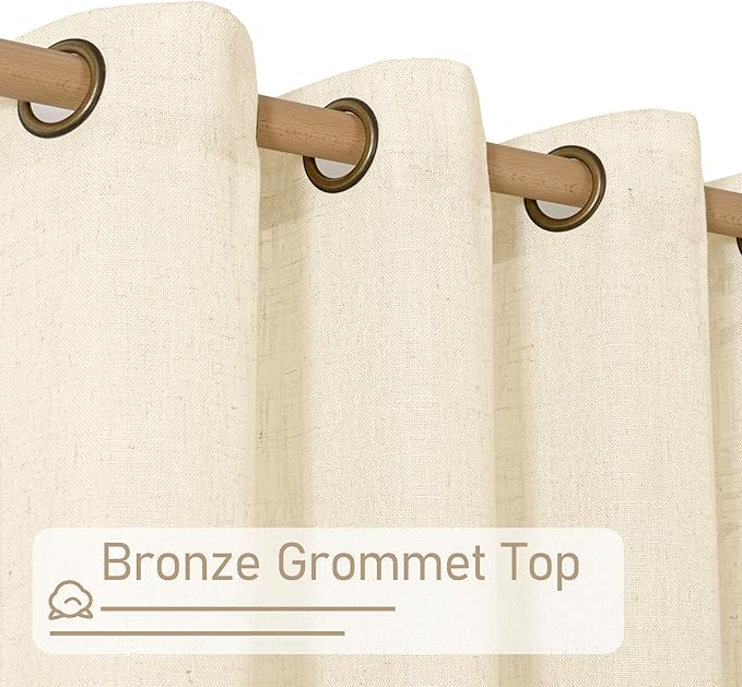 LAMIT Beige Linen Curtains 63 inch Length 2 Panels for Living Room, Bronze Grommet Soft Semi Sheer Light Filtering Window Treatments Neutral Drapes for Bedroom, 52 x 63 Inch, Beige