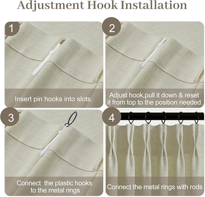 IVAPUPU Pinch Pleated Linen Curtains 90 Inches Long 2 Panels for Living Room, Light Filtering Pleated Semi Sheer Curtain with Hooks Rings Back Tab Memory Trained Drapes for Bedroom, 40W, Linen