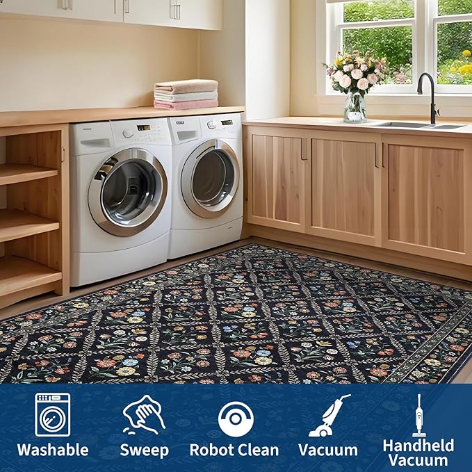 Washable Kitchen Rugs Non Slip 2x6 Hallway Runner Rug Stain Resistant Low Pile Floral Floor Rug with Rubber Backing Non Shedding Runners for Indoor Entryway Bedside Bedroom Farmhouse RV Navy&Black