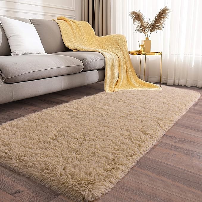 Soft Runner Rugs for Bedroom Hallways, 2x6 Beige Fluffy Shag Throw Area Rug Non Slip for Bedside Dorm, Long Shaggy Furry Carpet for Nursery Living Room