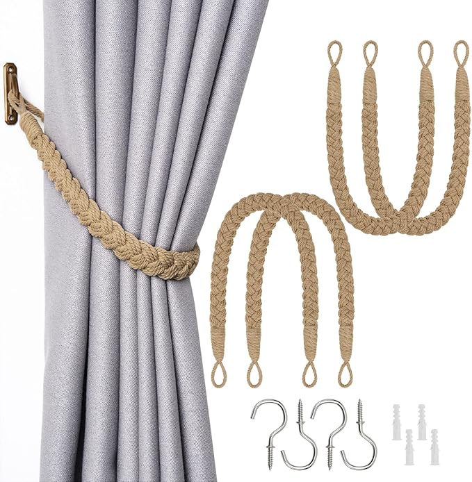 NICEEC 4 Pack Natural Cotton Rope Curtain Tiebacks Elegant Boho Style Decorative Drape Tie Backs Soft Hand-Woven Rope Curtain Holdbacks with Metal Hook for Home & Office Drapery (Khaki)