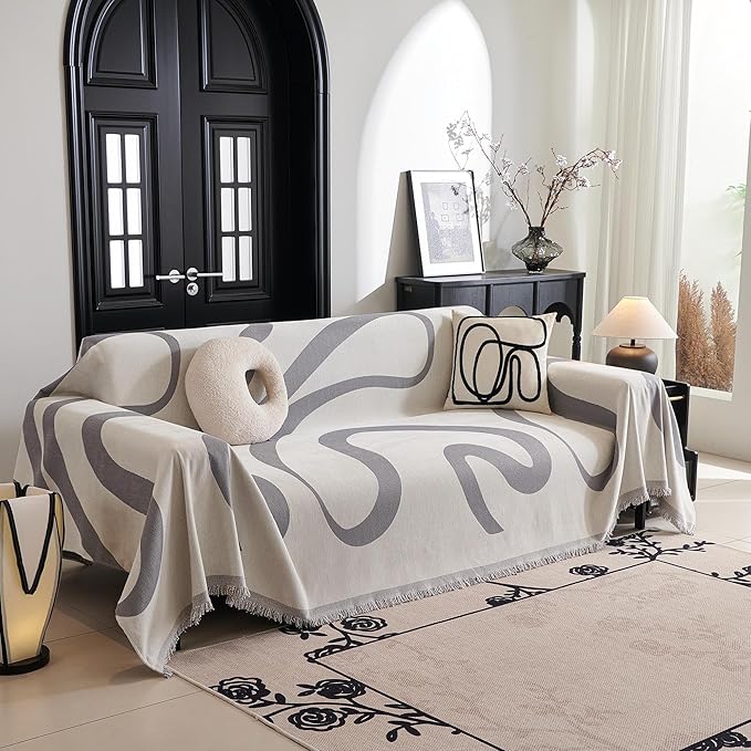 MYSKY HOME Boho Couch Cover Super Soft Couch Covers for 2-3 Cushion Couch Sofa, Modern Grey Jacquard Sofa Slipcover Loveseat Futon Cover, Couch Covers for Sectional Sofa, 71" x 102", Grey Curve