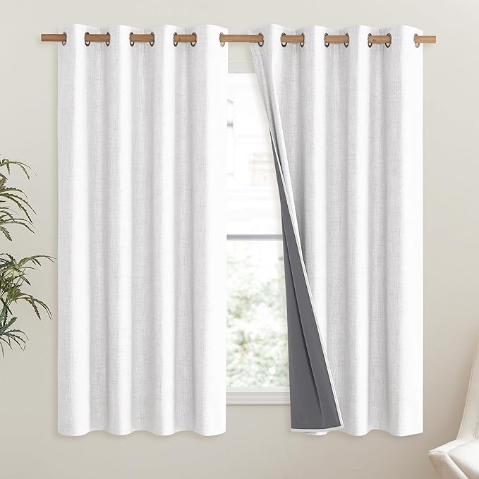 NICETOWN 100% Absolutely Blackout Linen Curtains with Thermal Insulated Liner, Greyish White, 52" Wide, 63" Length Energy Saving Curtains for Living Room 2 Panels Set, Vertical Blinds