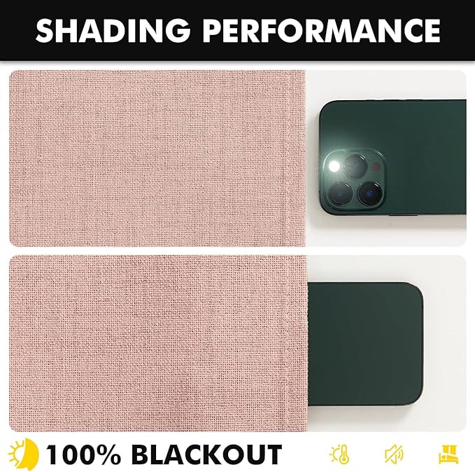 MIULEE 100% Blackout Linen Curtains for Bedroom, Blush Pink Solid Luxury Decor Thermal Insulation Room Darkening Drapes for Living Room Nursery Back Tab Rod Pocket 42 x 90 Inches, 2 Panels