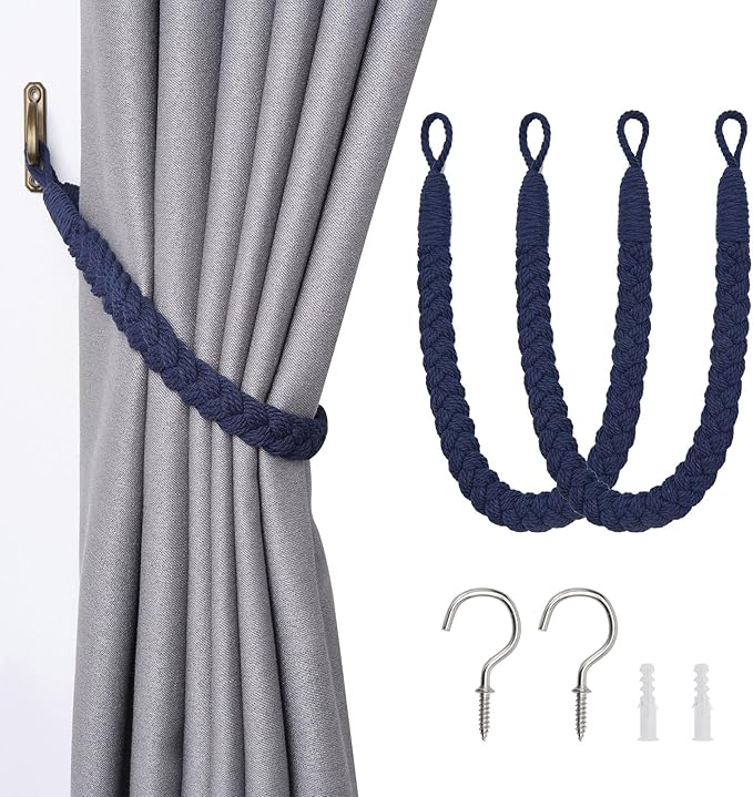 NICEEC 2 Pack Natural Cotton Rope Curtain Tiebacks Elegant Boho Style Decorative Drape Tie Backs Soft Hand-Woven Rope Curtain Holdbacks with Metal Hook for Home & Office Drapery (Dark Blue)