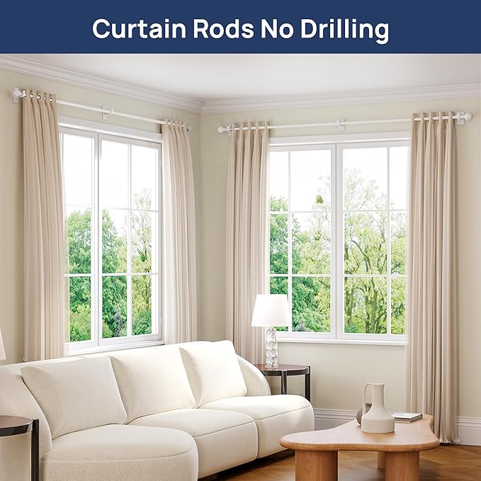 ENJOYBASICS 2 Pack No Drill Curtain Rods for Window 48 to 84 Inches, 5/8 Inch Diameter Renter Friendly Drapery Rod with Adhesive Brackets without Drilling, Adjustable from 27 to 90 Inches, White