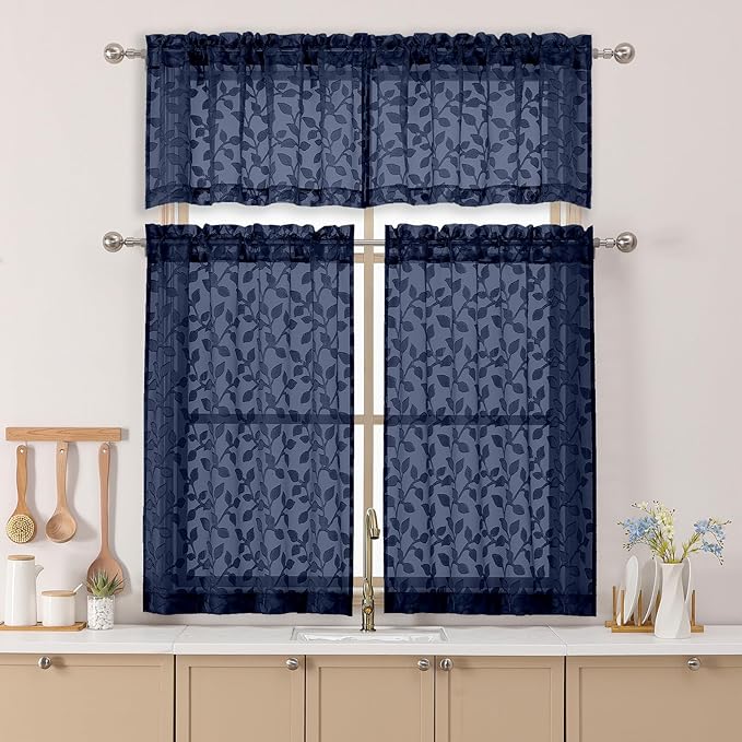 Chyhomenyc Navy Blue Sheer Valances for Windows 14 Inch Length 2 Pcs, Light Filtering Leaf Textured Cafe Short Kitchen Curtains, Top Small Curtain for Living Room Bedroom Basement, 42" W x 14" L