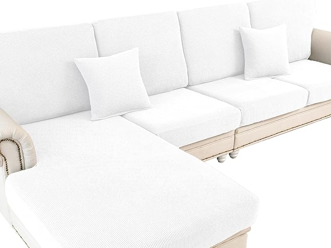 Couch Cushion Cover Chaise Lounge Cover Washable Separate Seat Chaise Couch Cover Stretch Sectional Sofa Slipcover(1 Piece for Chaise or Sofa 3-Seater, White)
