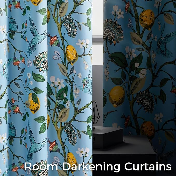 Topfinel Kitchen Curtains 45 Inch Length Blue Vintage Blackout Curtains for Cafe Kitchen, Short Grommet Luxury Whimsical Floral Hummingbird Patterned 45 Inches Long for Living Room Bedroom