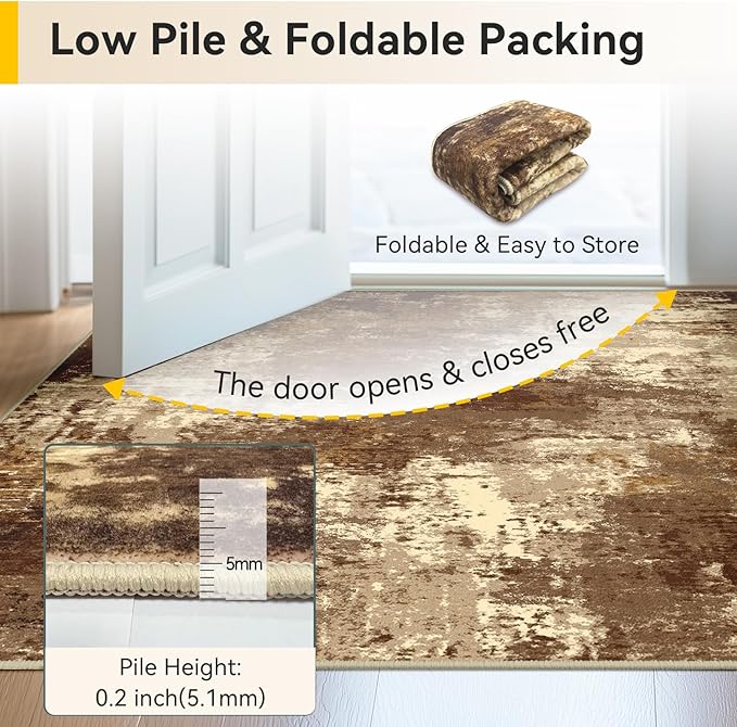 Washable Area Rugs 2'x6' Non-Slip Modern Abstract Soft for Living Room Entryway Bedroom Nursery, Print Pattern, Brown Tan Beige Coffee